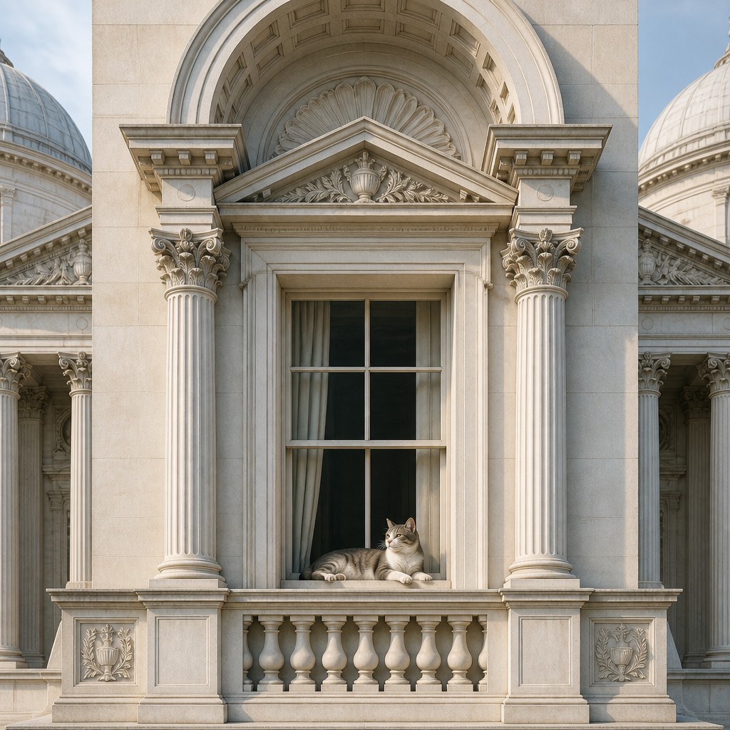 a cat lounging in a sunlit window — Neoclassical Architecture