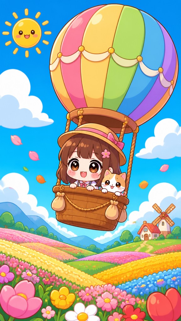 a hot air balloon drifting over rolling flower fields on a sunny day, cheerful, no text
