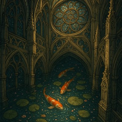 A koi pond seen from above, orange and white koi fish swimming among lily pads, clear water with subtle ripples, fallen cherry blossom petals floating on the surface, dappled sunlight