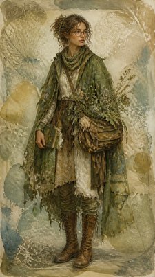 full-body original character: a wandering botanist with a satchel of plants, a patched green cloak, tall boots and round glasses, neutral background