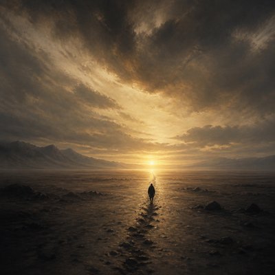 a solitary figure walking toward a glowing horizon across an empty plain, moody atmosphere, no text or lettering