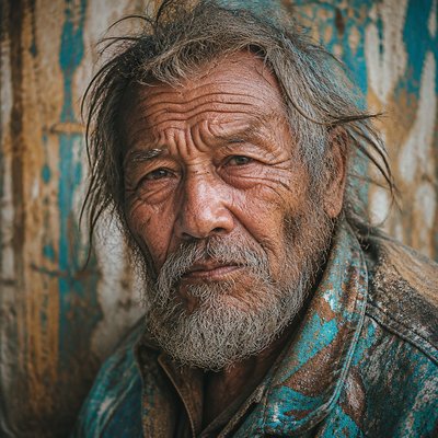 close-up portrait of an elderly person with expressive weathered features