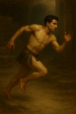a painting of a man with no shirt running