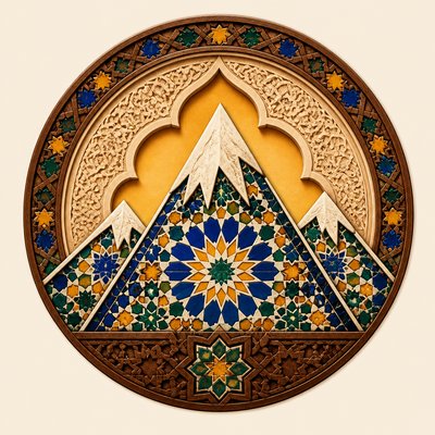 an emblem of a mountain peak inside a circle, simple bold shapes on a plain background, no text or lettering