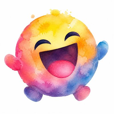 an exaggerated laughing face of an original round mascot character, bold and readable at small size, plain background, no text