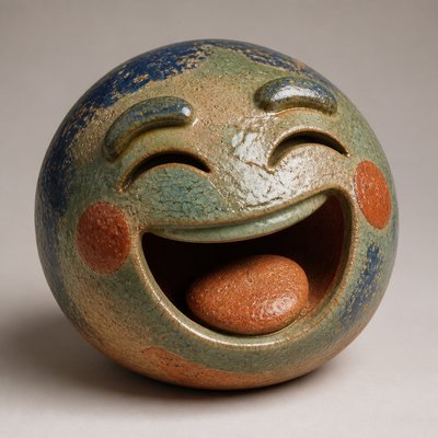 an exaggerated laughing face of an original round mascot character, bold and readable at small size, plain background, no text