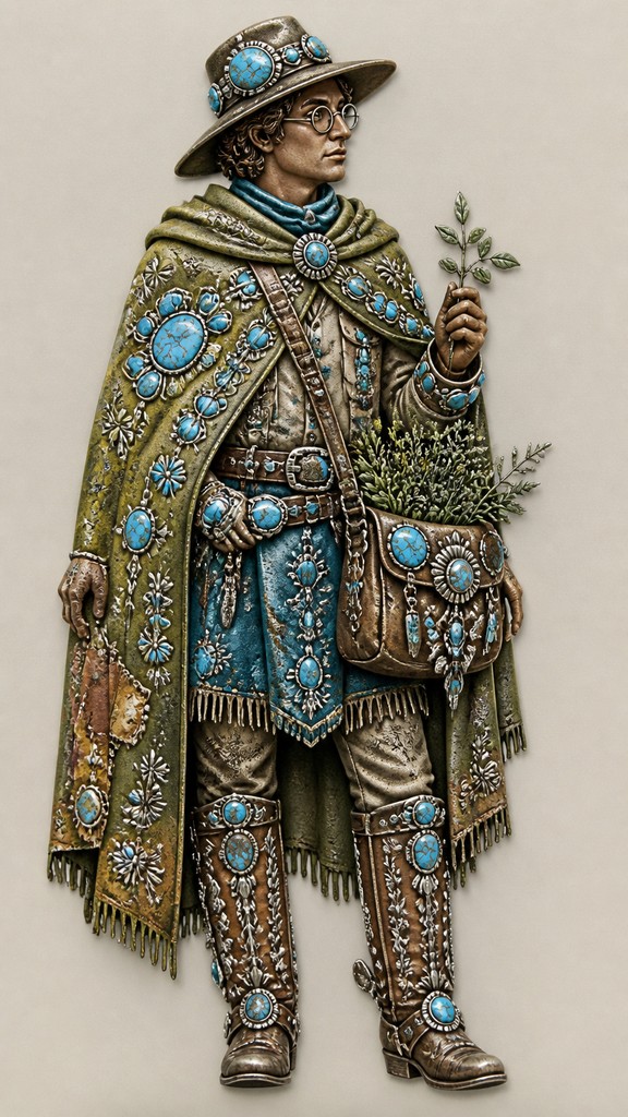 full-body original character: a wandering botanist with a satchel of plants, a patched green cloak, tall boots and round glasses, neutral background