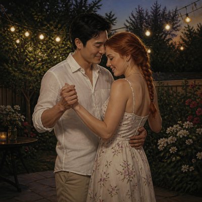 an original couple dancing under string lights in a garden at dusk: a man with short black hair in a linen shirt and a woman with braided red hair in a summer dress