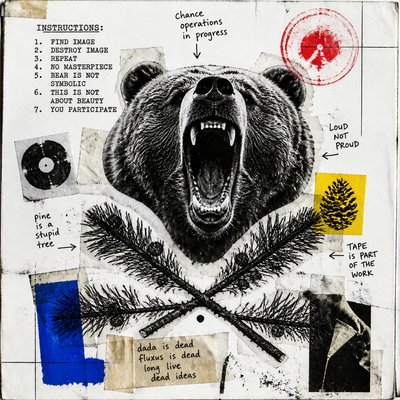 a roaring bear head above crossed pine branches, bold graphic composition on a plain background, no text