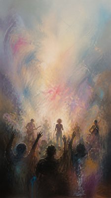 a live music scene with a glowing stage and silhouetted crowd, energetic vertical composition with open space at the top, no text
