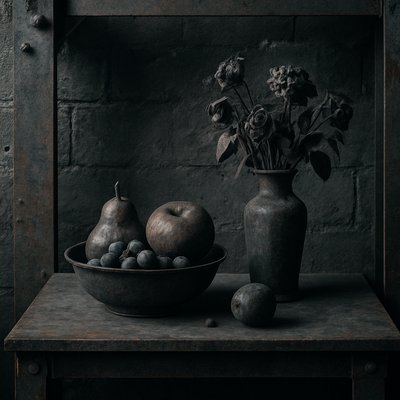 still life arrangement of fruits and flowers