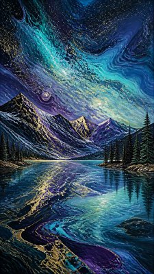 a tranquil mountain lake beneath a starry night sky, no people, no text