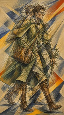 full-body original character: a wandering botanist with a satchel of plants, a patched green cloak, tall boots and round glasses, neutral background