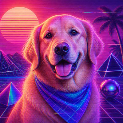 portrait of a golden retriever wearing a blue bandana, warm plain backdrop, no text