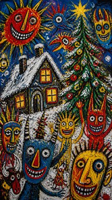 a snow-covered cottage with warm glowing windows beside a decorated pine tree, gentle snowfall, no text