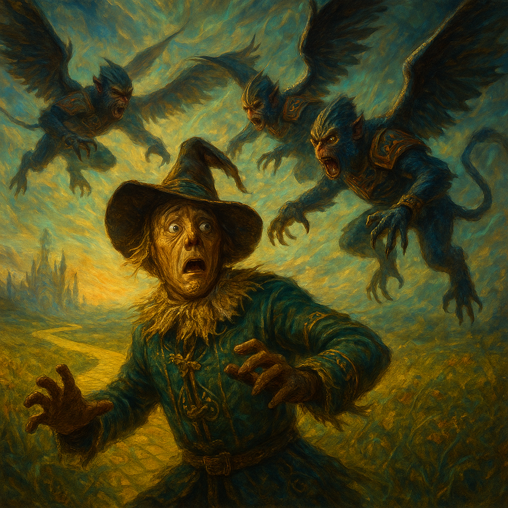 The Wizard of Oz Scarecrow, looking surprised and slightly alarmed, as a group of winged flying monkeys descends rapidly from the sky towards him, their taloned feet reaching out. The scene is set in a vibrant, slightly fantastical field with a yellow brick road visible in the distance. Emphasize dynamic motion and the contrast between the playful yet menacing monkeys and the innocent Scarecrow