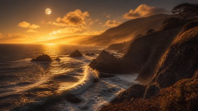 a moonlit coastline with cliffs and crashing surf, no people