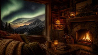 a flowing aurora over snowy peaks, wide sweeping composition, no people, no text