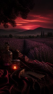 a field of lavender stretching to distant hills at dusk, no people