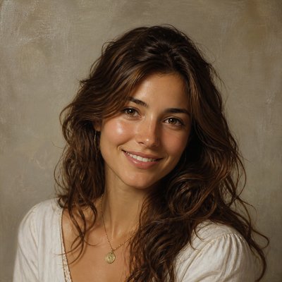 head-and-shoulders portrait of an original character: a young woman with wavy chestnut hair and a warm smile, plain soft backdrop