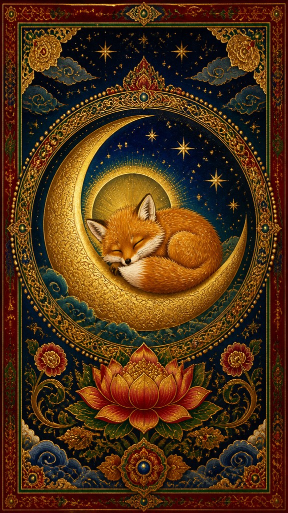 a sleeping baby fox curled on a crescent moon among soft stars, gentle and warm, no text