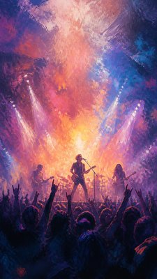 a live music scene with a glowing stage and silhouetted crowd, energetic vertical composition with open space at the top, no text