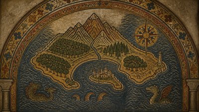 a map of an island realm with mountains, forests, a sheltered bay, sea monsters in the water and a compass rose, no text labels