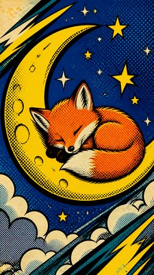 a sleeping baby fox curled on a crescent moon among soft stars, gentle and warm, no text