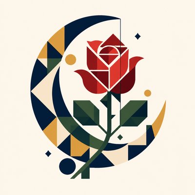 a rose entwined with a crescent moon, clean balanced composition on a plain background, no text