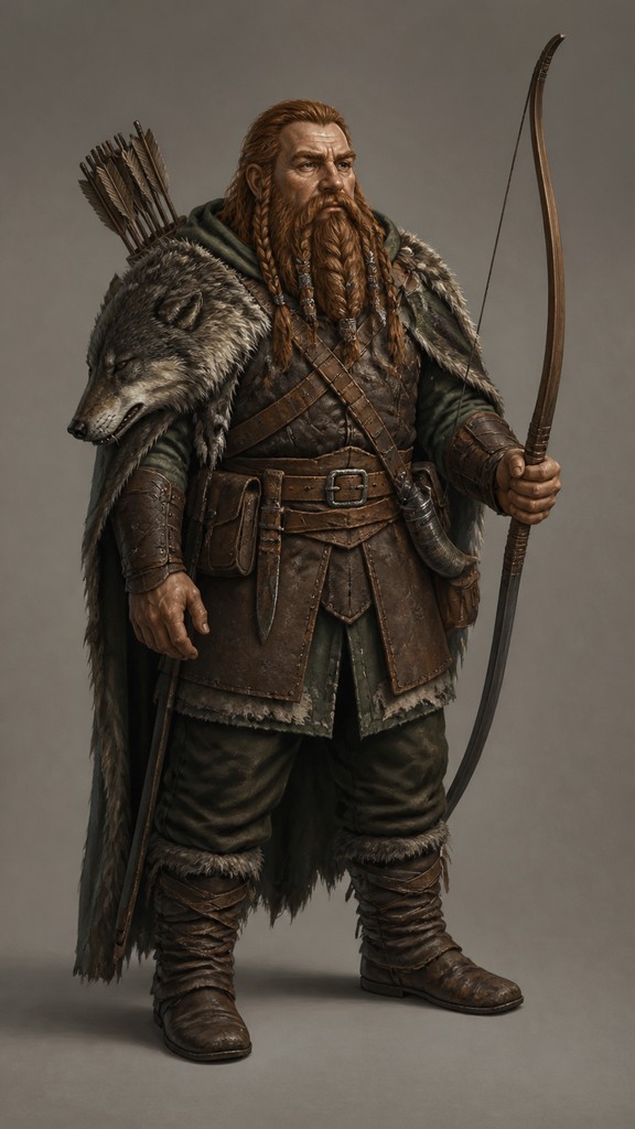 full-body original character: a dwarven ranger with a braided auburn beard, worn leather armor, a longbow and a wolf-pelt cloak, neutral background, no text