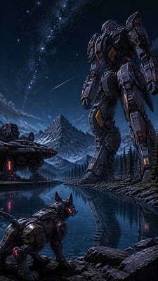 a tranquil mountain lake beneath a starry night sky, no people, no text