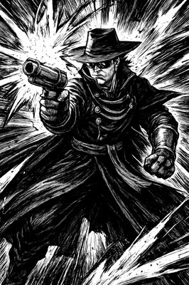 a black and white drawing of a man with a gun