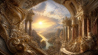 a vast valley with a river winding toward distant mountains at sunrise, no people, no text