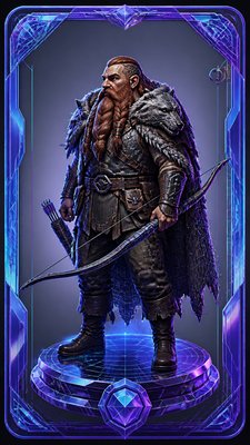 full-body original character: a dwarven ranger with a braided auburn beard, worn leather armor, a longbow and a wolf-pelt cloak, neutral background, no text