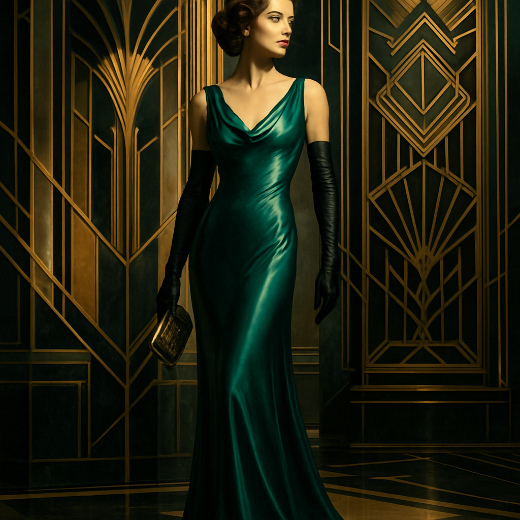 A statuesque woman dressed in high-fashion 1930s Great Depression era glamour, imbued with a strong Art Deco aesthetic. She stands confidently, showcasing a bias-cut evening gown of shimmering silk or satin in a rich jewel tone (e.g., emerald green, sapphire blue, ruby red, or metallic silver/gold). The gown features an elongated, sleek silhouette, perhaps a dramatic cowl neck, a plunging back, or subtle shoulder pads. Her hair is styled in soft, sculpted finger waves. She wears elegant, long gloves and carries a small, decorative clutch bag. The background is a sophisticated Art Deco interior, perhaps with geometric patterns, polished chrome details, and ambient, dramatic lighting, or she stands against a backdrop of Art Deco skyscraper architecture. The overall mood is one of sophistication, elegance, and timeless allure."