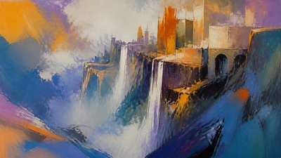 a cliffside city with waterfalls cascading into a misty canyon, wide establishing shot, no people, no text