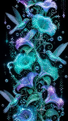 a climbing vine of flowers and hummingbirds on a dark background, tall wrapping composition, no text