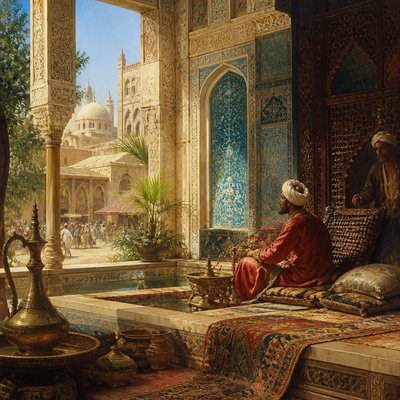 wide landscape with natural scenery — Orientalist Painting Style