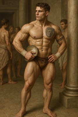 a painting of a man with no shirt holding a ball