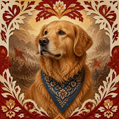 portrait of a golden retriever wearing a blue bandana, warm plain backdrop, no text