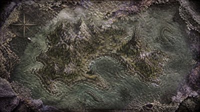 a map of an island realm with mountains, forests, a sheltered bay, sea monsters in the water and a compass rose, no text labels