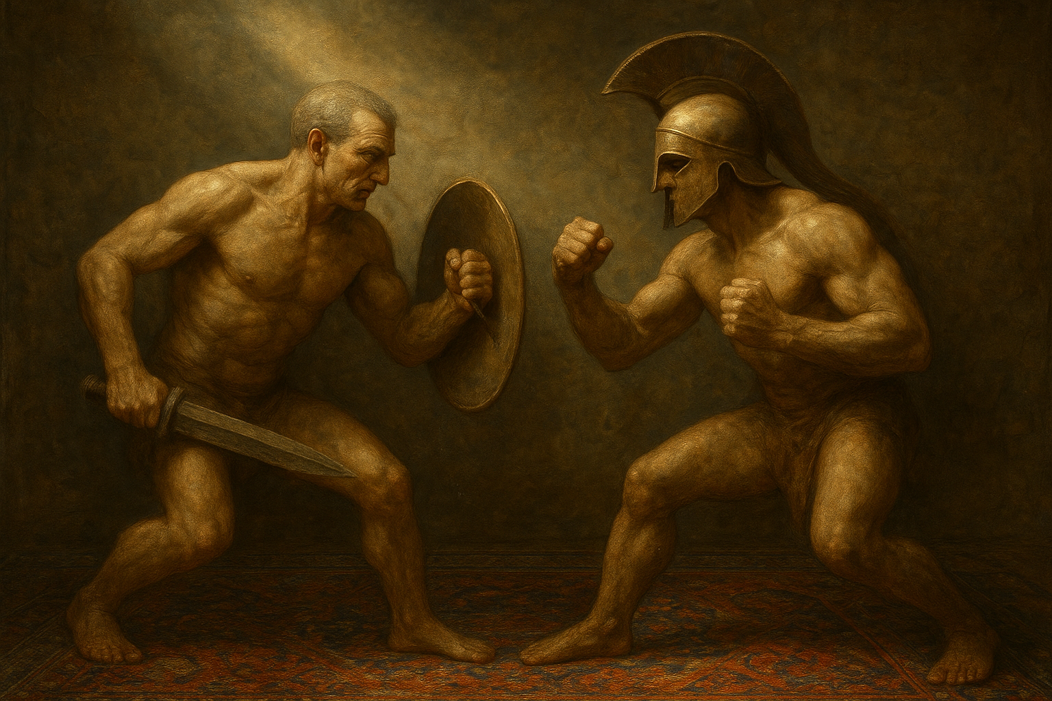 a painting of two men fighting with each other
