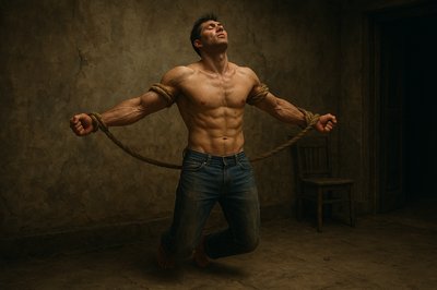 a shirtless man holding a rope in his hands