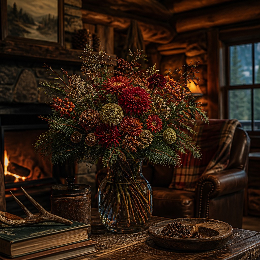 bouquet of flowers in a glass vase — Rustic Cabin Interior Design