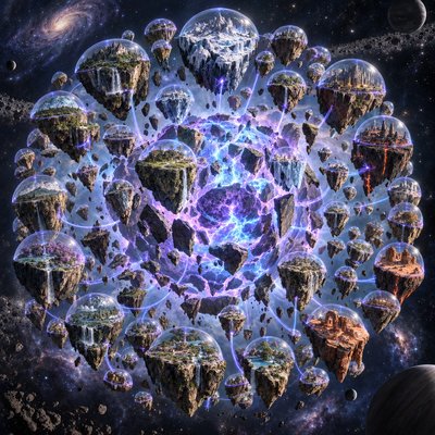 Photorealistic 3D globe of a shattered fantasy mystical planet named Xylorathen, about 65 broken and fractured land chunks of varying sizes and a wide diversity of biomes floating in orbit around a glowing blue and purple molten mantle core, each having a dome over them as a gravity field held by glowing blue and purple magical ley lines and connected directly to the mantle, dramatic space background with stars, high detail, cinematic lighting, realistic planetary scale