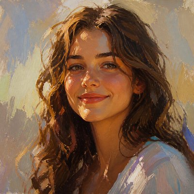 head-and-shoulders portrait of an original character: a young woman with wavy chestnut hair and a warm smile, plain soft backdrop