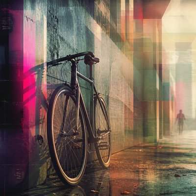 bicyle resting against a wall — Contemporary Digital Landscape Art Style