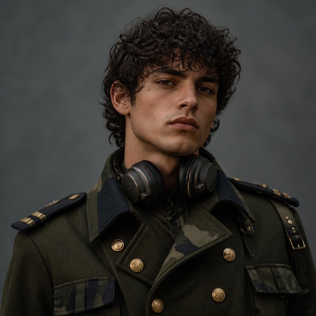 head-and-shoulders portrait of an original character: a young man with curly dark hair and headphones around his neck, plain backdrop, no text
