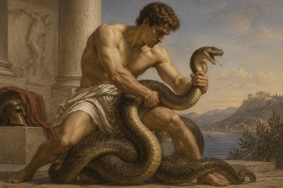 ancient greek athlete wrestling with a coiled snake