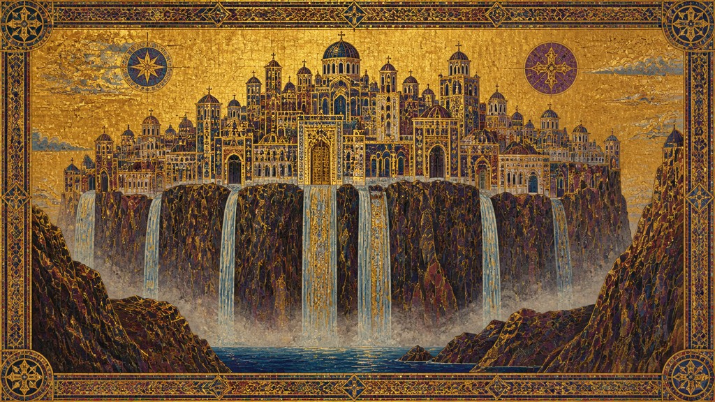 a cliffside city with waterfalls cascading into a misty canyon, wide establishing shot, no people, no text